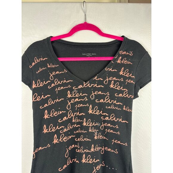 Calvin Klein Jeans Womens Black V-Neck Top With Script Logo Print Medium - Picture 1 of 5